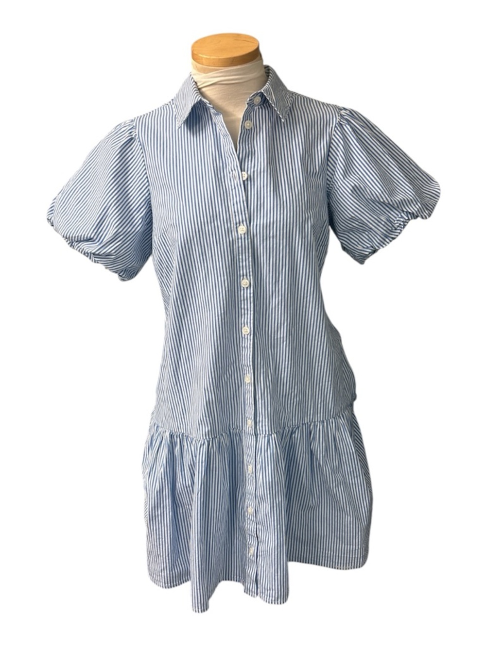 J. Crew Blue and White Striped Shirt Dress Drop Waist and Bubble Sleeves Size 2